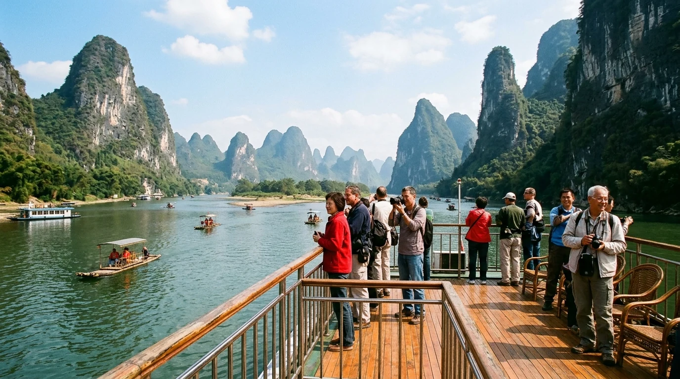 Passengers on the top open observation deck of Li River 4-Star cruise admiring limestone karst canyon near Yellow Cloth Shoal