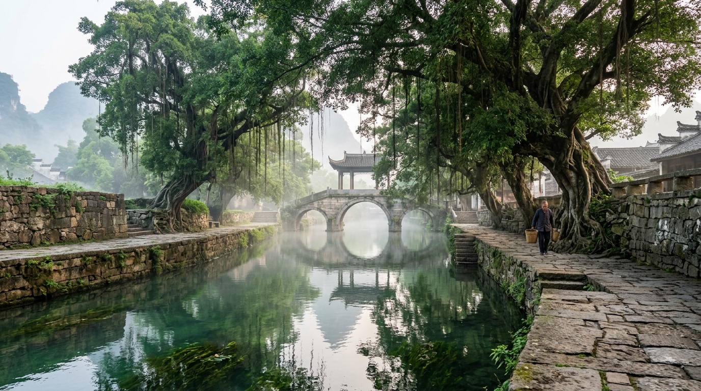 Ancient Lingqu Canal Stone Bridge and Banyans in Xing'an Guilin