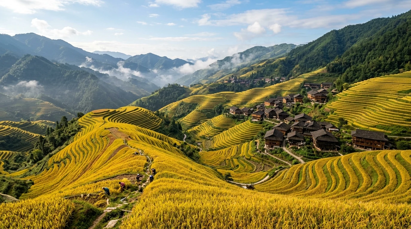 Longji Jinkeng Dazhai cascading mountain rice terraces with traditional Red Yao timber stilt houses