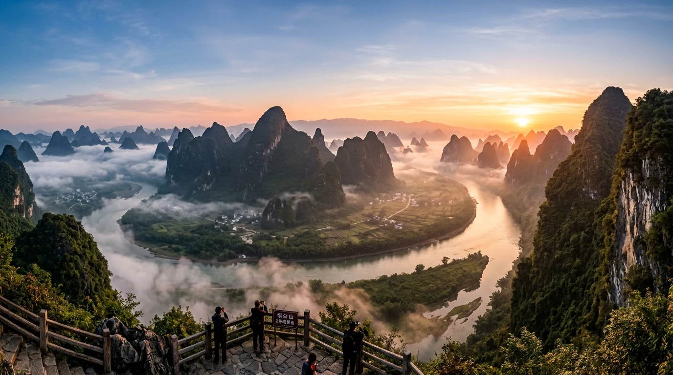 Xianggong Mountain sunrise viewpoint overlooking the First Bend of Li River with morning mist