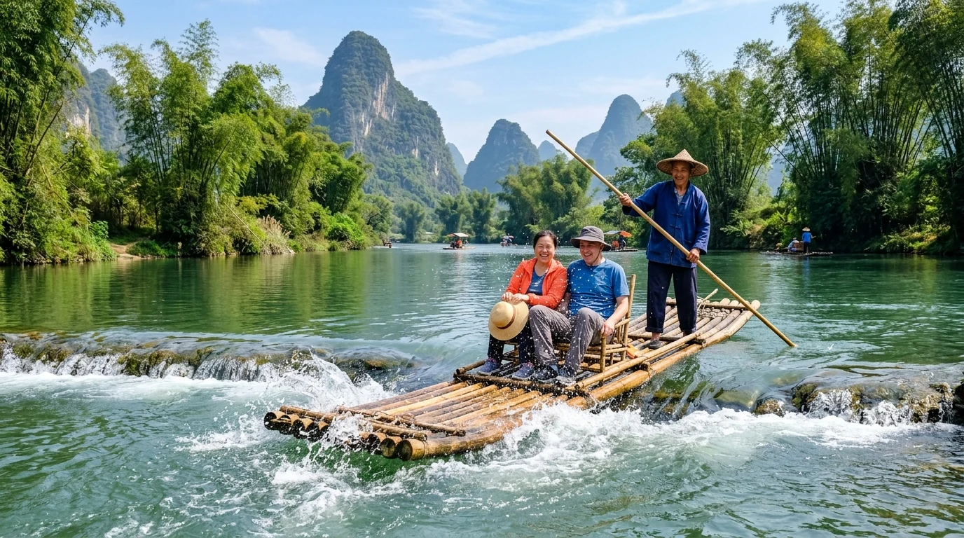 Yulong River hand-poled bamboo raft sliding down an irrigation weir with limestone karst peaks in the background
